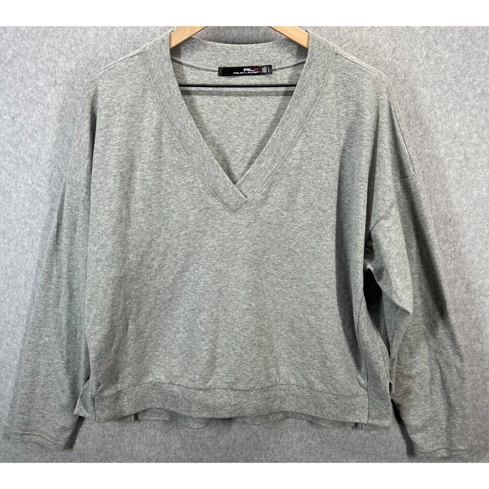 RLX Ralph Lauren Womens Golf Sweatshirt Gray V Neck Split Hem Soft Oversize Sz M
